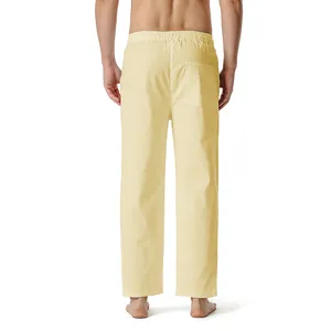 Detailed rear view of men's beige cotton linen casual pants showing back pocket