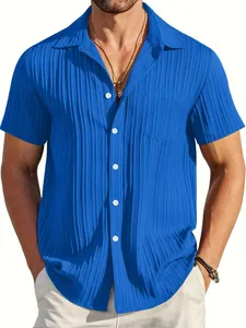 Men Casual Pleated Short Sleeve Shirt Vertical Striped Polyester Beach Shirt For Men Button Down Vacation Top With Pocket