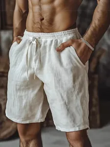 Short pour homme en coton et lin blanc avec cordon de serrage pour la plage
