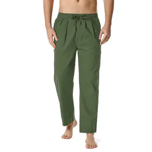Men Casual Linen Cotton Blend Pants Elastic Waist Drawstring Straight Leg Trousers Solid Color Mid Waist Breathable Bottoms