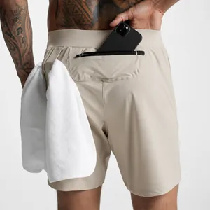 Breathable quick-dry men's gym shorts with large back phone pocket and towel loop design