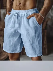 Short en coton et lin bleu clair pour homme avec cordon de serrage et taille élastique