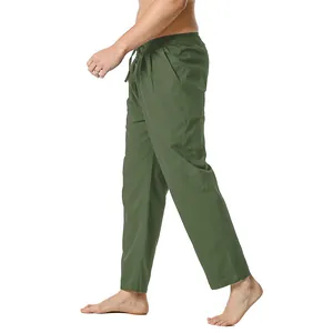 Men's olive green cotton linen cropped casual pants with drawstring waist side view