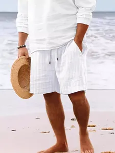 Pantalones cortos de playa para hombre de lino y algodón blanco a rayas