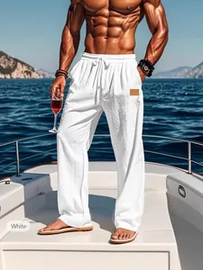 Men Casual Linen Blend Pants Drawstring Elastic Waist Straight Leg Breathable Trousers For Beach Holiday Outdoor Vacation Bottom