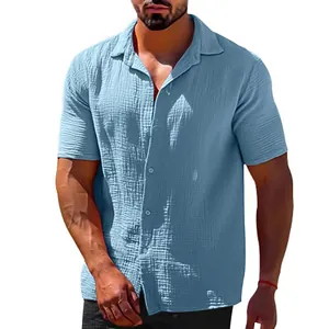Close-up of light blue textured cotton linen casual short sleeve shirt for men