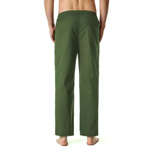 Back view of men's olive green cotton linen casual trousers with elastic waist.
