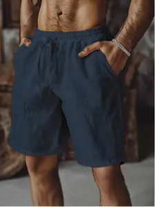 Short décontracté en coton et lin bleu marine pour homme avec taille élastique à cordon