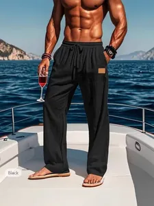 Men's black drawstring straight-leg pants for beach and vacation leisure