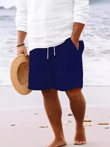 Bañador de lino y algodón azul marino con cordón para hombre, estilo playero.