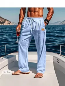 Men's sky blue drawstring linen-like beach pants for outdoor summer vacation leisure