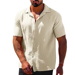 Close-up of men's casual short sleeve button-down shirt featuring textured crinkle fabric