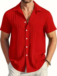 Vibrant red men's short sleeve shirt featuring a unique vertical pleated texture.