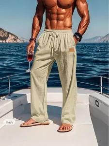 Men's breathable drawstring linen-style straight casual pants for beach vacation