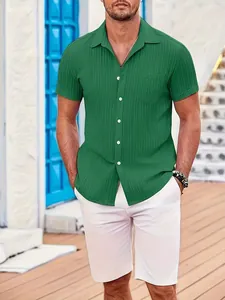 Detailed view of men's green ribbed short sleeve beach shirt with pocket