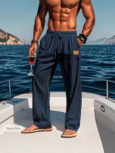 Navy blue drawstring straight-leg trousers for men's beach holiday and outdoor leisure