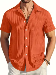 Detailed view of the textured vertical pleats on this orange men's casual beach shirt.