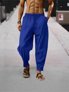 Bequeme, locker sitzende Herrenhose aus Baumwollleinen mit blauen Streifen und Kordelzug