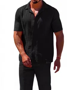 Men's summer casual solid black short sleeve lapel button-down shirt with textured fabric