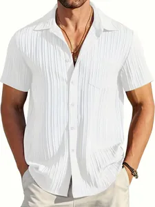 Men's white casual short sleeve beach shirt featuring vertical pleated texture and lapel