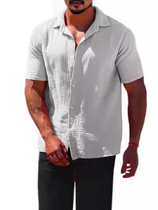Casual men's short sleeve button down shirt with lapel collar in light gray textured fabric