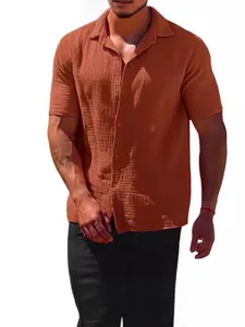 Men's terracotta textured short sleeve casual shirt with button-down collar