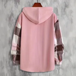 Men's pink corduroy hooded shirt with plaid patchwork sleeves shown from the back