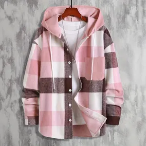 Thick men's flannel plaid hooded shirt featuring long sleeves and a functional chest pocket