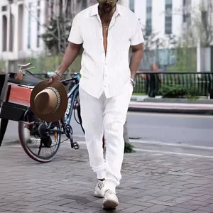 Men's white vertical striped shirt and pants set for casual beach wear and urban style