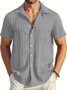 Stylish men's summer casual short sleeve shirt with a unique vertical pleated texture gray