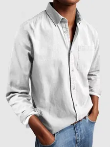 Classic men's long-sleeve button-down casual shirt in light grey with front chest pocket