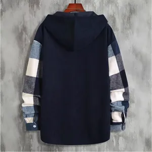 Men's hooded shirt with dark corduroy body and plaid sleeves for autumn and winter