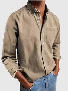 Classic khaki long-sleeved men's shirt featuring chest pocket for casual autumn style.