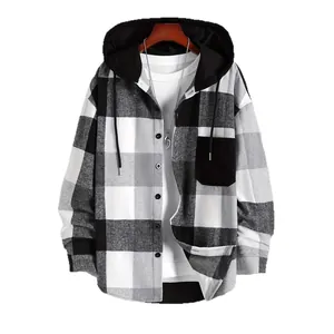Men's casual hooded plaid flannel shirt jacket with black chest pocket and drawstring