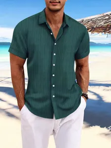 Men's dark green vertical striped jacquard casual short sleeve shirt for summer vacation.