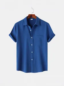 Camisa Casual de Manga Corta para Hombre Color Sólido Solapa Botones Top Con Bolsillo Poliéster Texturizado Moda Verano