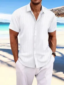 Men's white cotton linen short sleeve shirt with vertical striped jacquard texture