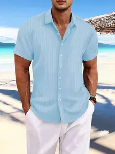 Men's light blue cotton linen short sleeve shirt with vertical striped jacquard pattern