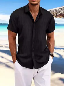 Men's Casual Cotton Linen Striped Jacquard Short Sleeve Shirt Loose Breathable Button Down Lapel Top For Summer Beach Vacation