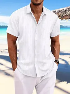 Men's white cotton linen shirt with vertical striped jacquard in a beach setting