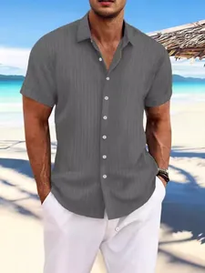 Stylish men's grey striped jacquard cotton linen short sleeve casual shirt for summer beach