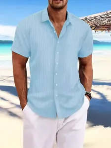 Men's light blue cotton linen striped jacquard casual loose short sleeve shirt