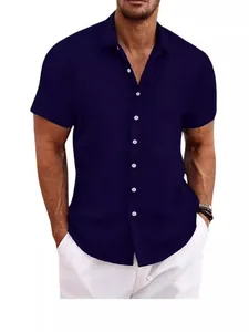 Men's navy blue cotton linen short sleeve shirt with vertical jacquard texture