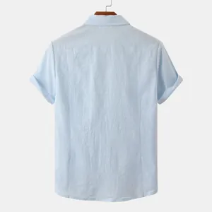 Back view of pale blue linen short sleeve shirt showing back yoke and natural fabric texture