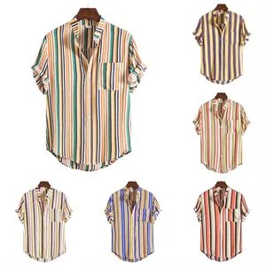 Collection of men's colorful vertical striped Hawaiian short sleeve shirts