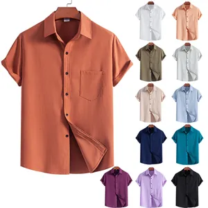 Detail view of men's casual short sleeve shirt showing various solid color options
