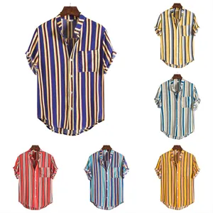 Detailed view of men's striped short sleeve shirts in various vibrant color options