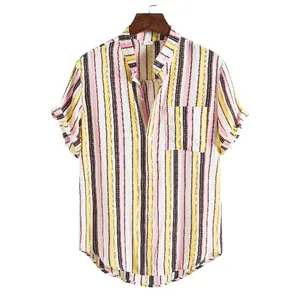 Detail view of the colorful vertical stripes and chest pocket on a men's Hawaiian shirt