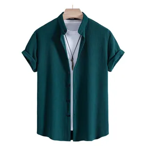 Men's casual dark green textured short sleeve button-up shirt with stand-up collar