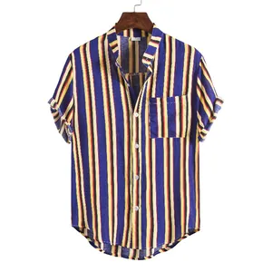 Detailed front view of men's vertical striped stand-collar short sleeve beach shirt